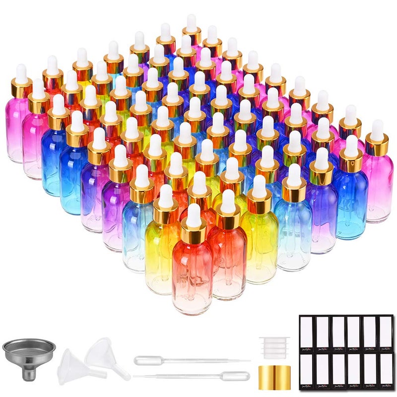 PrettyCare Glass Eye Dropper Bottles 2oz (60ml), 63 Pack Rainbow Empty Thick Bottles Bulk with Leakproof Golden Caps - With Labels & Funnels for for Storage, Travel,Essential Oils, DIY Serums, Tinctur - Image 1